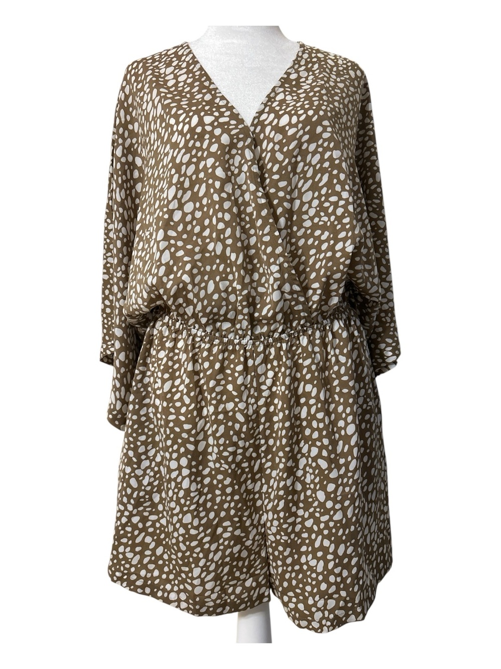 Women’s Tan & White Printed Short Jumpsuit with Elastic Waist